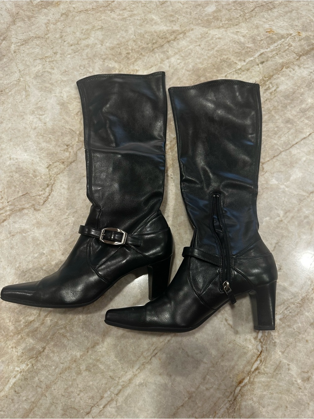 Franco Sarto Black Leather Mid-Calf Heeled Boots with Buckle